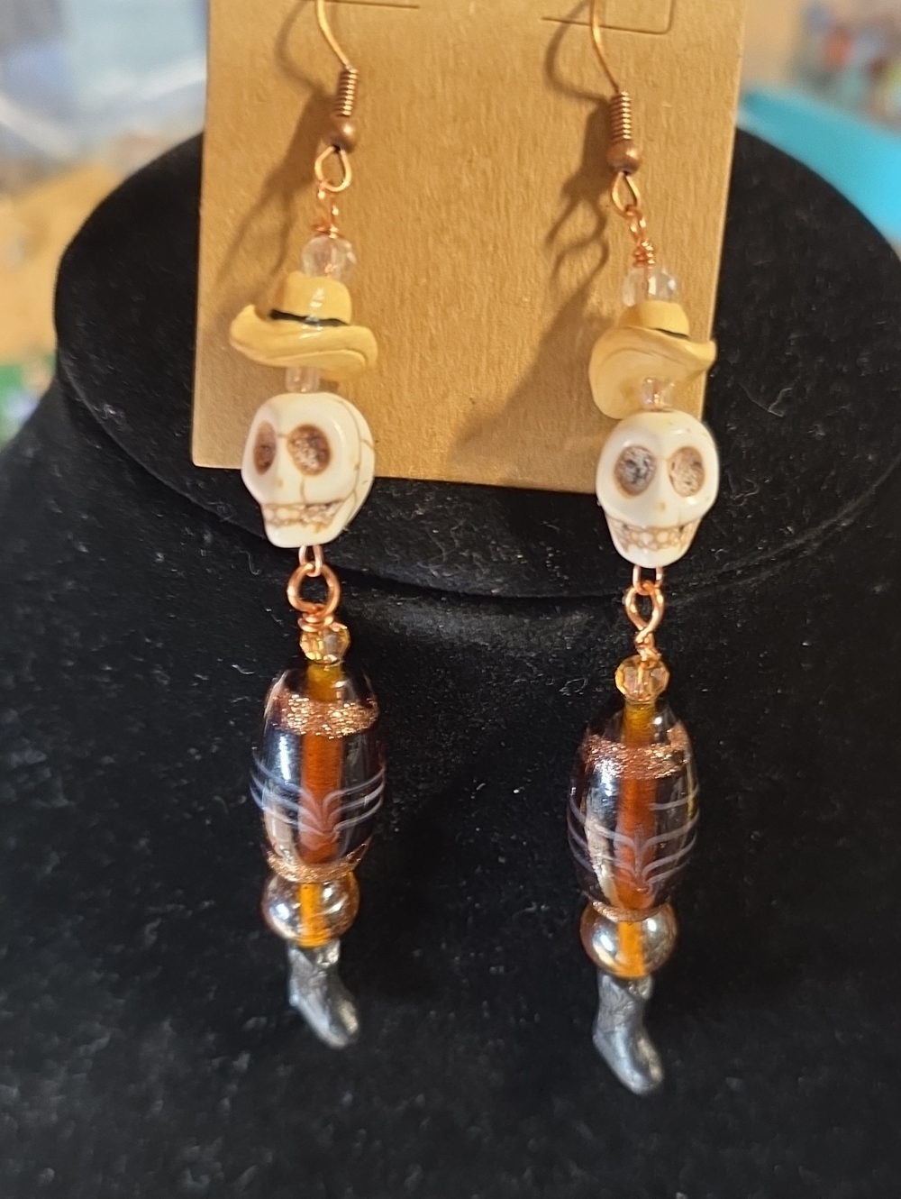 Handcrafted Skull Dangle Cowboy Earrings - Brown & Cream